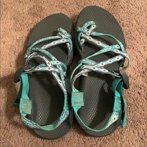 Teal and purple chacos